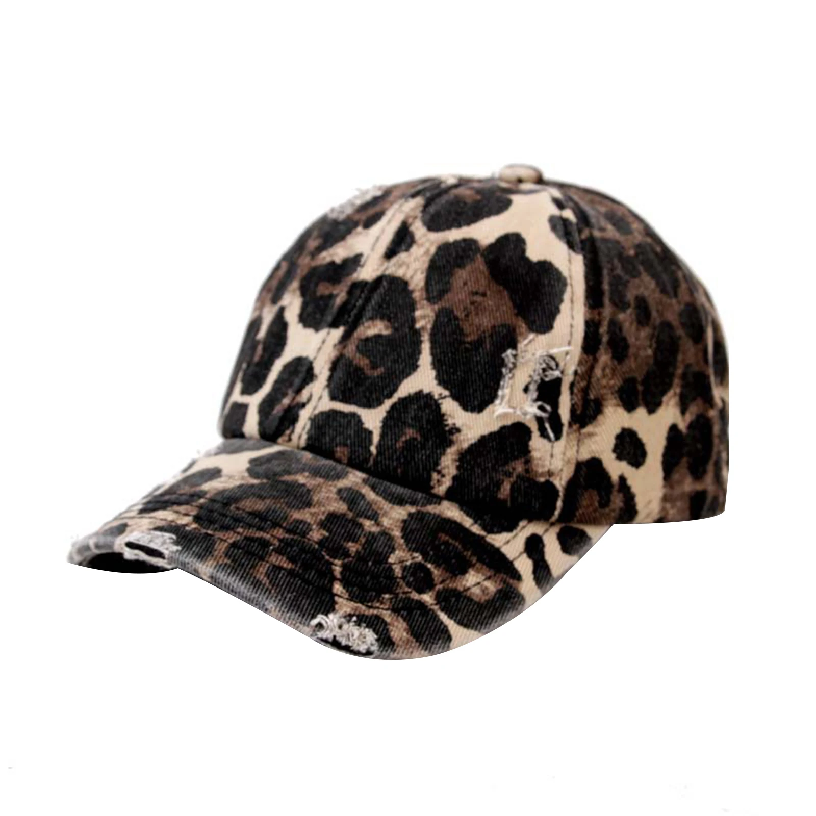 

Women Ripped Baseball Cap Horsetail Hole All Seasons Warm Relaxed Breathable Soft Round Leopard Printed Cap