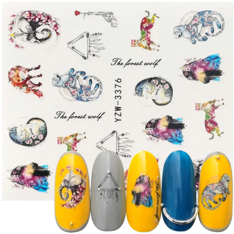 Волчья наклейка для дизайна ногтей водная слайдер цветок слон леопард тигр