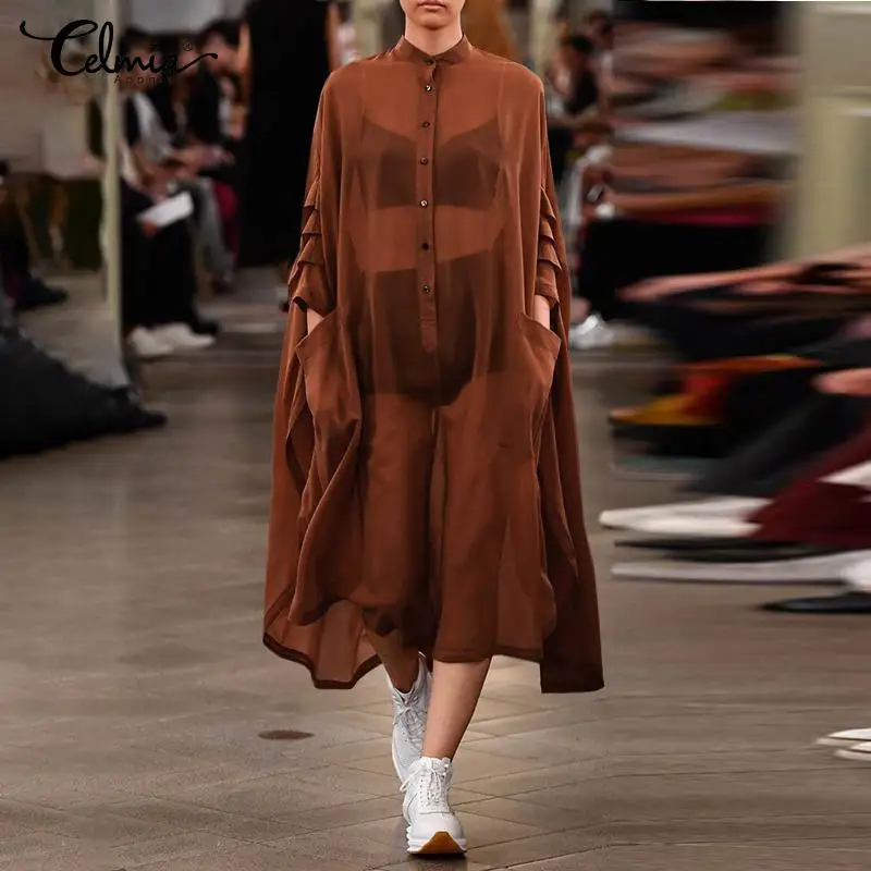 

Bohemian Women Ruffled Dress Celmia 2022 Fashion 3/4 Flare Sleeve Irregular Hem See-through Midi Vestidos Party Big Pocket Robe