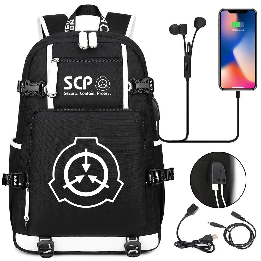 

Черный рюкзак SCP Foundation, школьные ранцы с мультипликационным рисунком для подростков, дорожный рюкзак SCP, сумки через плечо для ноутбука с USB