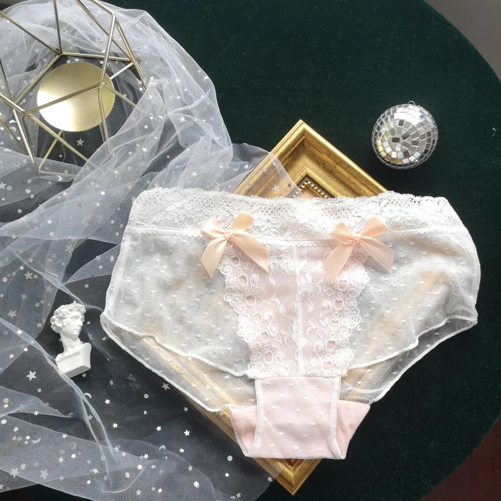 

Dark Black Maid Panties Japanese New Style Full Lace Pink Panties Women's Boxer Without Trace Lolita Style Hollow Drawstring