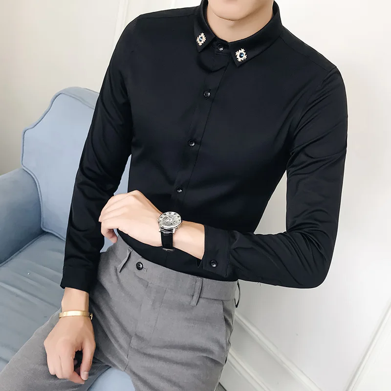 

British Style Spring New Men Casual Shirts Long Sleeve Fashion 2021 Diamond Collar Slim Fit Business Office Blouse Homme 5XL-S