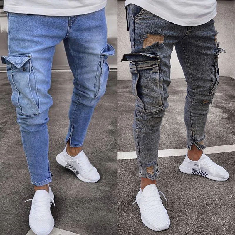 KENNTRICE Vintage Black Blue Men Jeans Zipper Cowboy Hip Hop Pencil Pants Male Denim Big Pocket | Мужская одежда