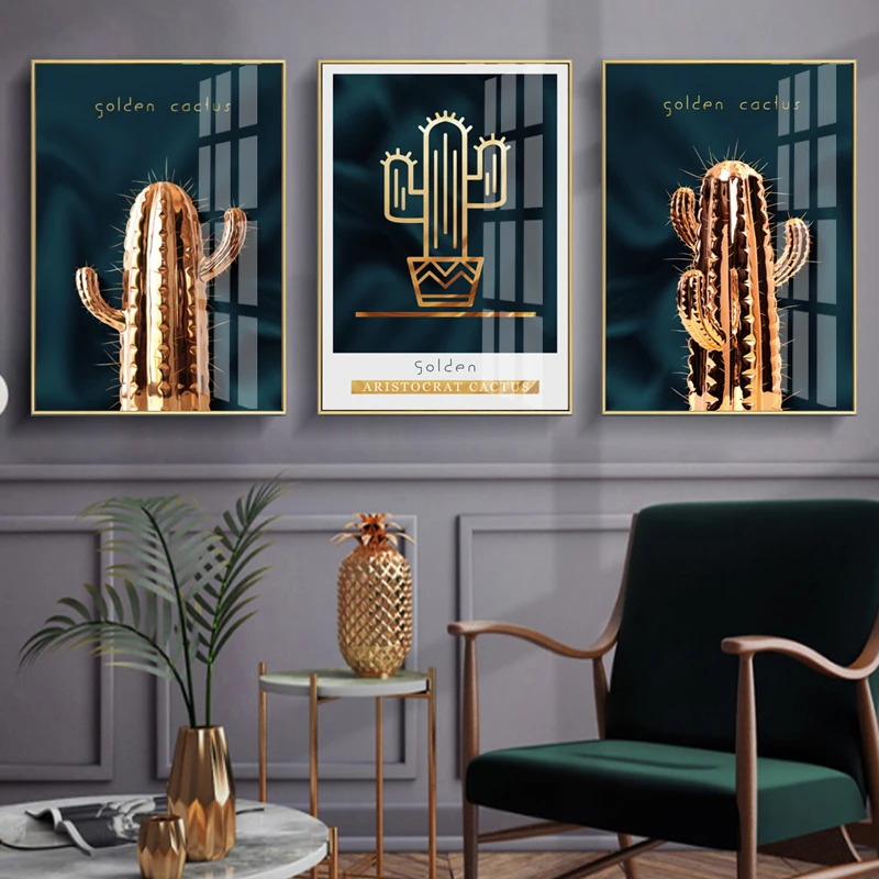 

Scandinavian Abstract Golden Cactus Poster Canvas Painting Wall Art Picture Print Modern Home Decoration For Living Room Bedroom