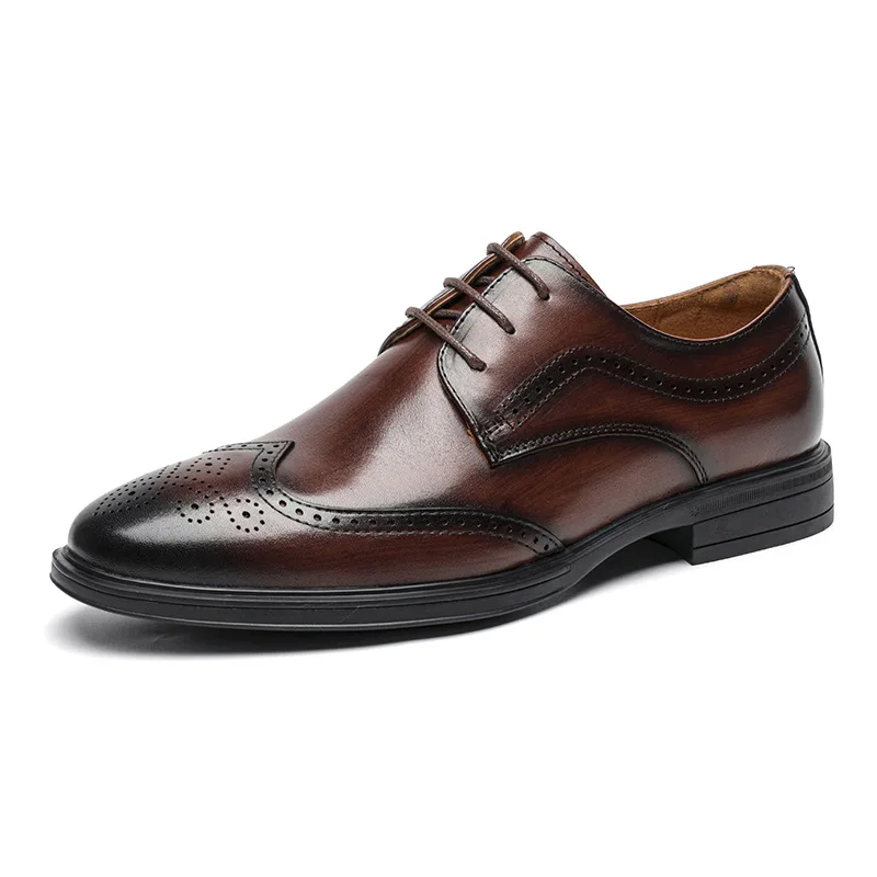

Brogue Shoes Genuine Leather Men Business Wedding Party Shoes Platform Male Lace-Up Round Toe Derby "
