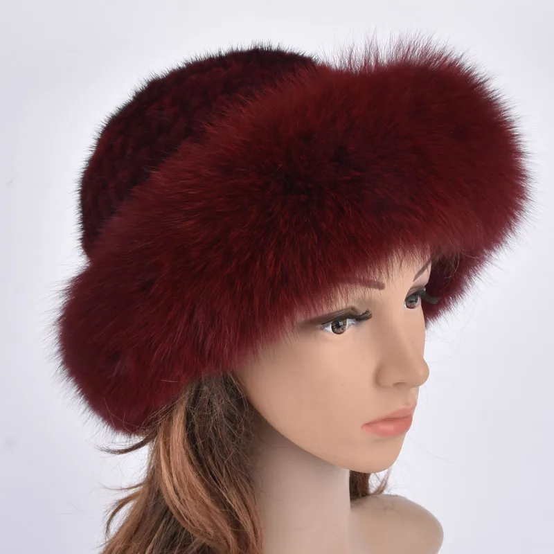 Зимняя вязаная шапка из настоящего норкового меха, роскошная натуральная шапка из пушистой лисы, теплая женская повседневная подлинная шапка.