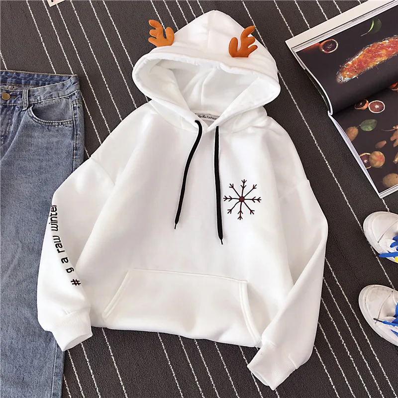 

Fashion Women's Snowflake Letter Print Long Sleeve Casual Antler Hoodie Sweatshirt