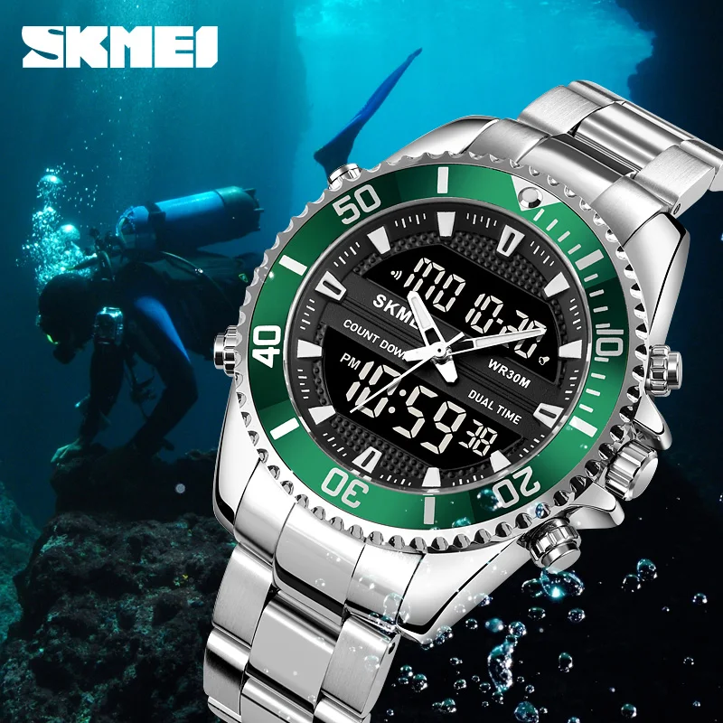 Fashion Stainless Steel Men Watch Luxury Brand Digital Watches Dual Time Wristwatches For Man SKMEI Watch Countdown Chrono Clock