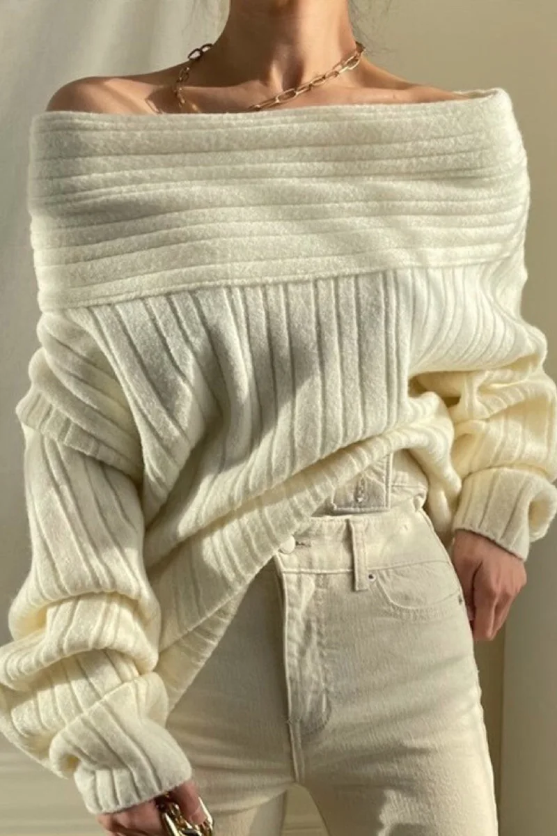 

Sweaters for Women Fashion Tops for Women Casual Sexy Slash Neck Jumper Full Lantern Sleeve Korean Beige Black Jersey XC084