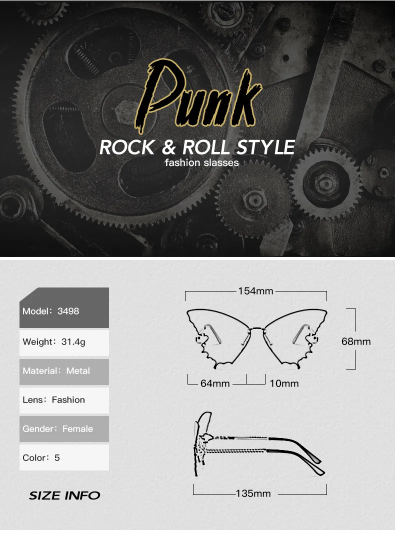 

Oversized Butterfly Rimless Sunglasses Women 2020 Brand Steampunk Metal Punk Sun Glasses Vintage Gradient Ocean Lens Eyewear