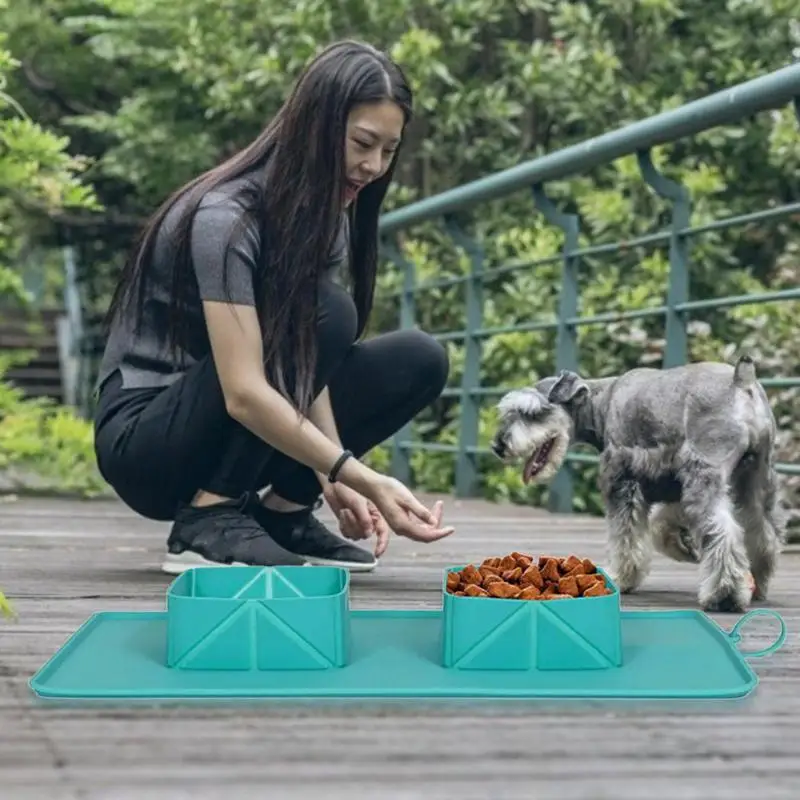 

Durable Pet Bowl Solid Color Easy to Carry Dog Cat Non-slip Feeding Bowl Silicone Double Basins Puppy Feeder Pet Supplies