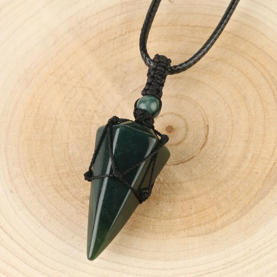 Indian Agate Csja натуральный каменный конус Подвески Кристалл кварц Черная веревка обернутая лечение мужские т камни ожерелье для мужчин женские модные ювелирные изделия G173 - Окраска металла: Indian Agate