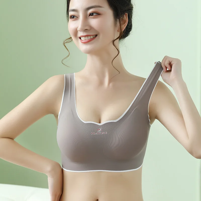 

Nude Sexy Latex Underwear Ladies No Trace No Steel Ring Small Chest Gathered Up To Adjust Sports Vest Sleep Tops Wireless Bras