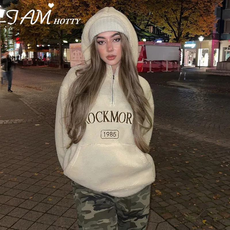 

IAMHOTTY Lambswool Teddy Hoodie Women Y2K Harajuku Hooded Sweatshirts Oversize Letter Embroidery Vintage Pullover Korean Clothes