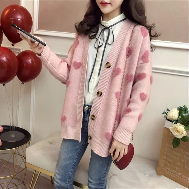 

Autumn and Winter New Korean Student Cardigan Cashmere Love Sweater Coat Women's Jacket Sweater Khaki Blue Vintage Sweater