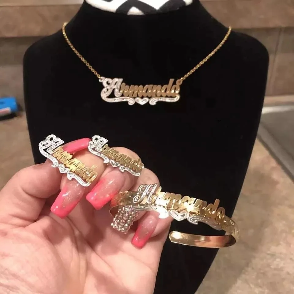 Custom Name Bracelet Double Plate Name Bracelets Personalized Two Toned Name Bangle Letter Chain Stainless Steel Birthday Gifts