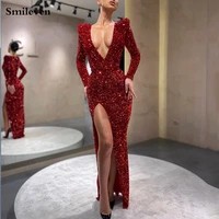 smileven shiny new designe deep v neck mermaid evening dress sequin long sleeve evening party gown side split robe de soiree
