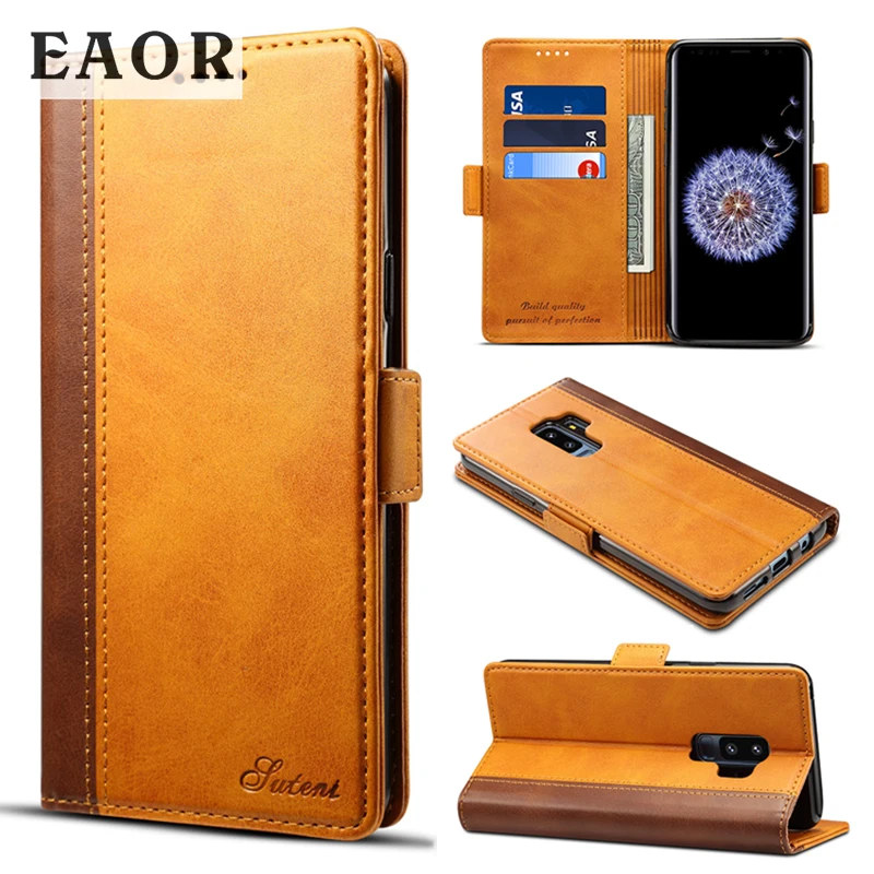 

EAOR Wallet Flip Phone Case for Samsung S9 S10 Plus S10E Cowhide Leather Protective Case Cover with Phone Stand Function