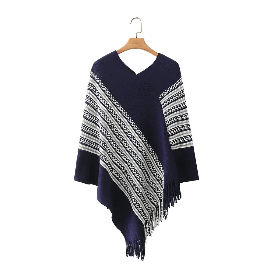 

2021 Autumn Bohemia Style Women Cozy Soft Knitted Capes With Tassels Design V-Neck Pull Knitwear Wraps Tribal Pattern Poncho New