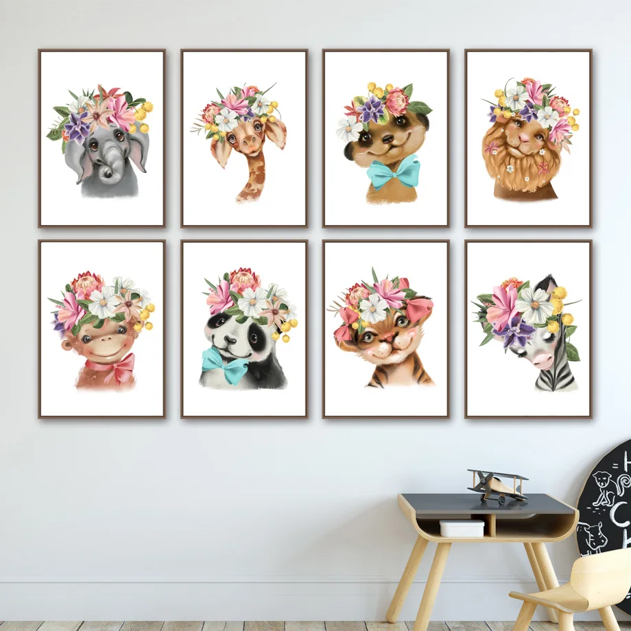 Постер на стену для детской комнаты со слоном львом жирафом зеброй обезьянами