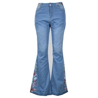 women bell bottom jeans embroidered high waist vintage lady pants elacticity streetwear light washed flared female trousers 618
