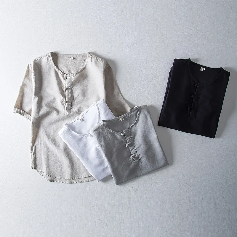 Повседневные мужские льняные рубашки в китайском стиле рубашка без воротника и