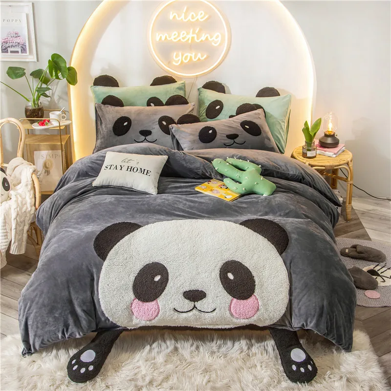 

Cute Cartoon Rabbit Panda Parrot Koala Embroidery Winter Velvet Fleece Child Bedding set Duvet Cover Bed Linen/Sheet Pillowcases