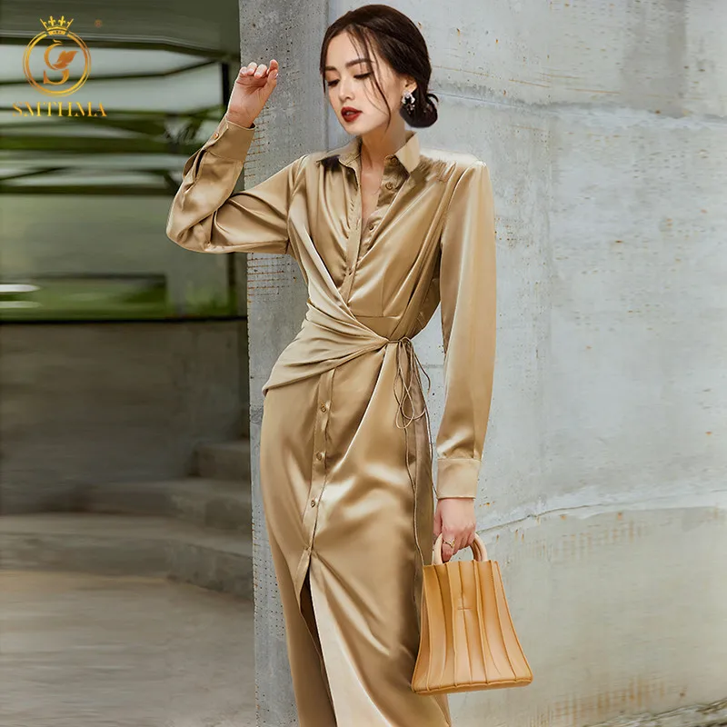 SMTHMA Woman Asymmetrical Long Shirt Dress Korean Clothing 2021 New Fashion Autumn Design Lace Up Waist Midi Dresses