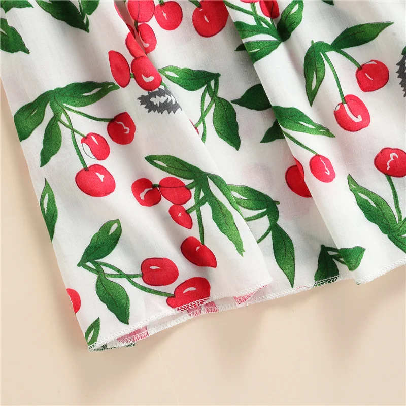 

Children Cherry Print Sling Dress with Ruffles, Girls Large Hem Sleeveless Lace-up Dress