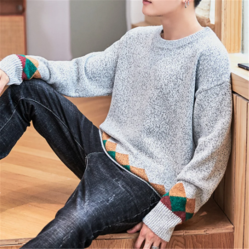 

Autumn Winter Argyle Men Christmas Sweaters Fashion New O-Neck Japanese Style Knitted Pullovers For Male Diamond Quilted Sweater