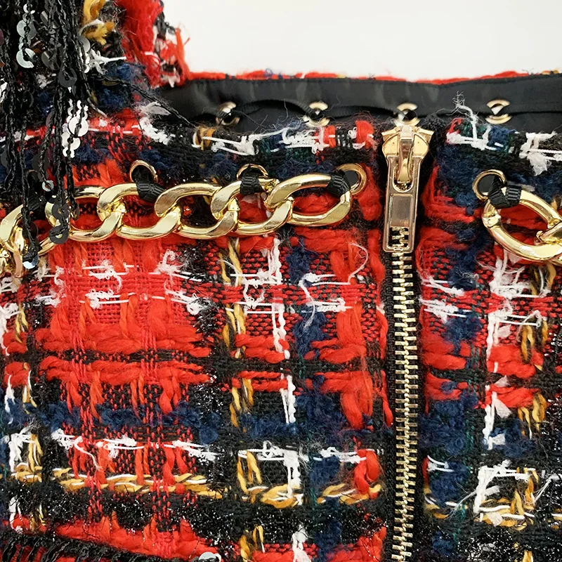 DEAT Women Red Plaid Tassel Chain Tank Tops New Square Collar Sleeveless Personality Slim Fit Fashion Tide Summer 2021 7E0832