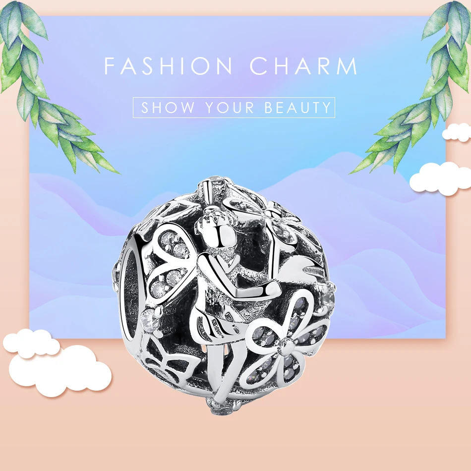 Оптовая Продажа 925 стерлингового серебра Полые бусины в виде цветочной феи с