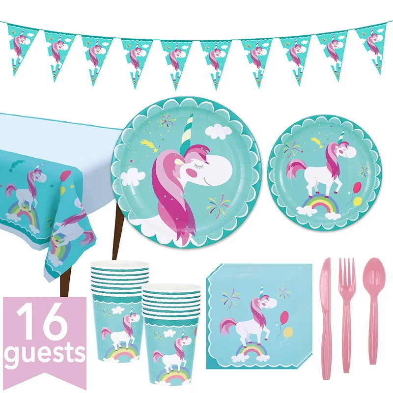 

123 шт. Единорог День рождения Декорации одноразовые набор столовых приборов Единорог шар чашки тарелки салфетка для День рождения расходны...