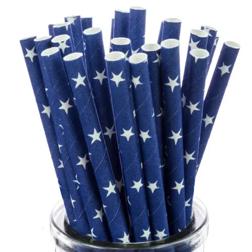 

White Star On Blue Paper Straws x25 retro cakepop sticks vintage drinking
