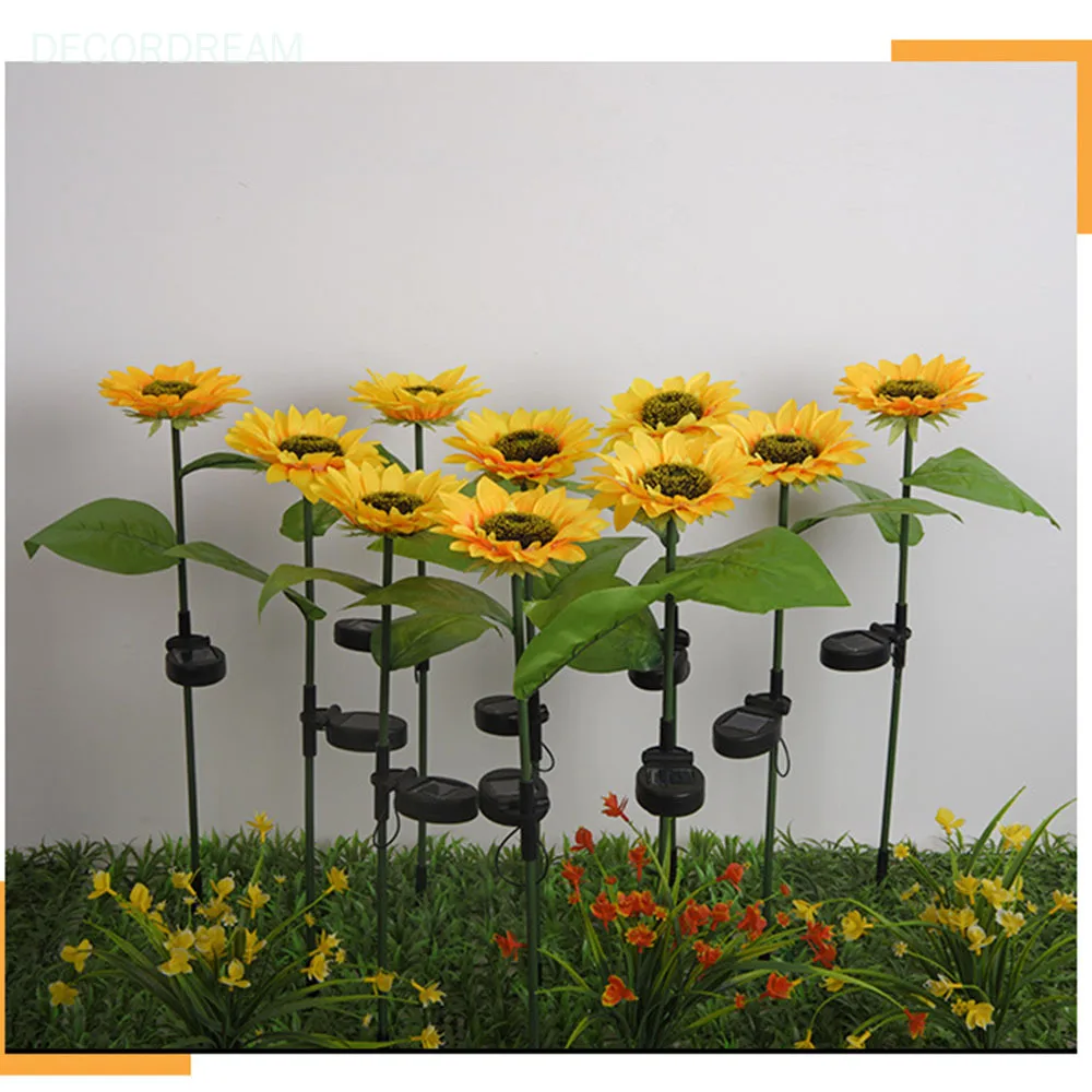 저렴한 10 개/몫 LED 해바라기 태양 빛 야외 파티 휴일 장식 플러그인 지상 풍경 정원 통로 마당 잔디 조명