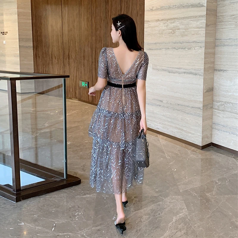 SMTHMA 2022 Новое поступление летнее платье миди с короткими рукавами блестками