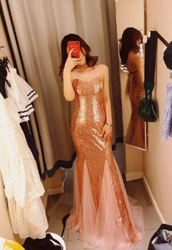 Женское длинное платье-Русалка VKBRIDAL розовое и Золотое платье подружки невесты