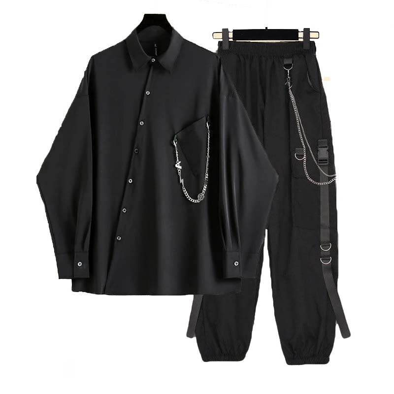 Spring Hip Hop Asymmetric Chain Ornaments Cargo Pants Streetwear Hip Hop Long-sleeved Shirt Unisex Black Top 2 Piece Suit