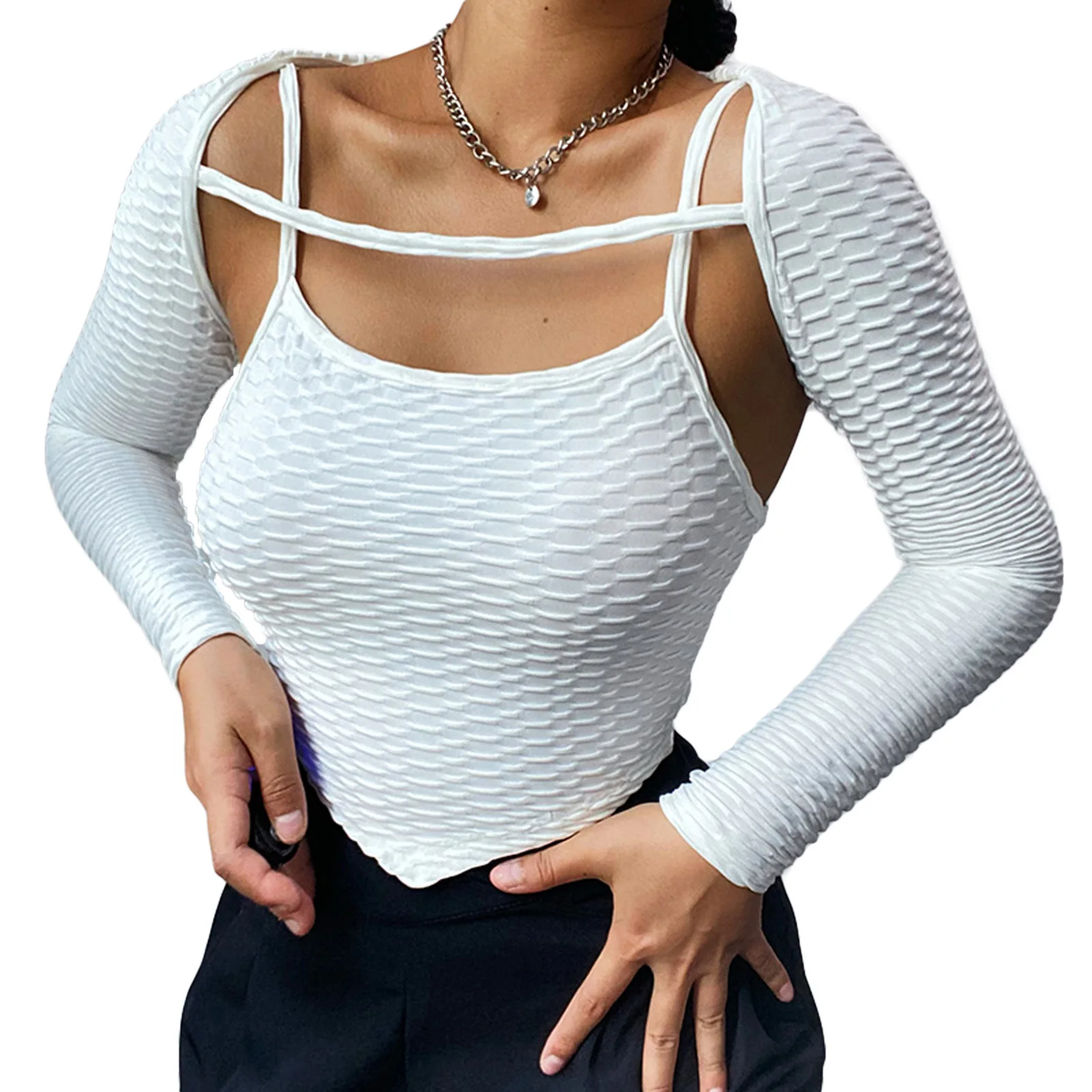 

Women\u2019s T-shirt and Vest Suit Fashion Solid Color Long Sleeve Tops and Backless Exposed Navel Camisole
