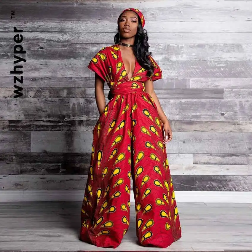 

Hot Sale African Dresses for Women Shoulder Jumpsuit Wide Leg Trousers Ankara Robe Africaine Sexy Ladies Dashiki Print