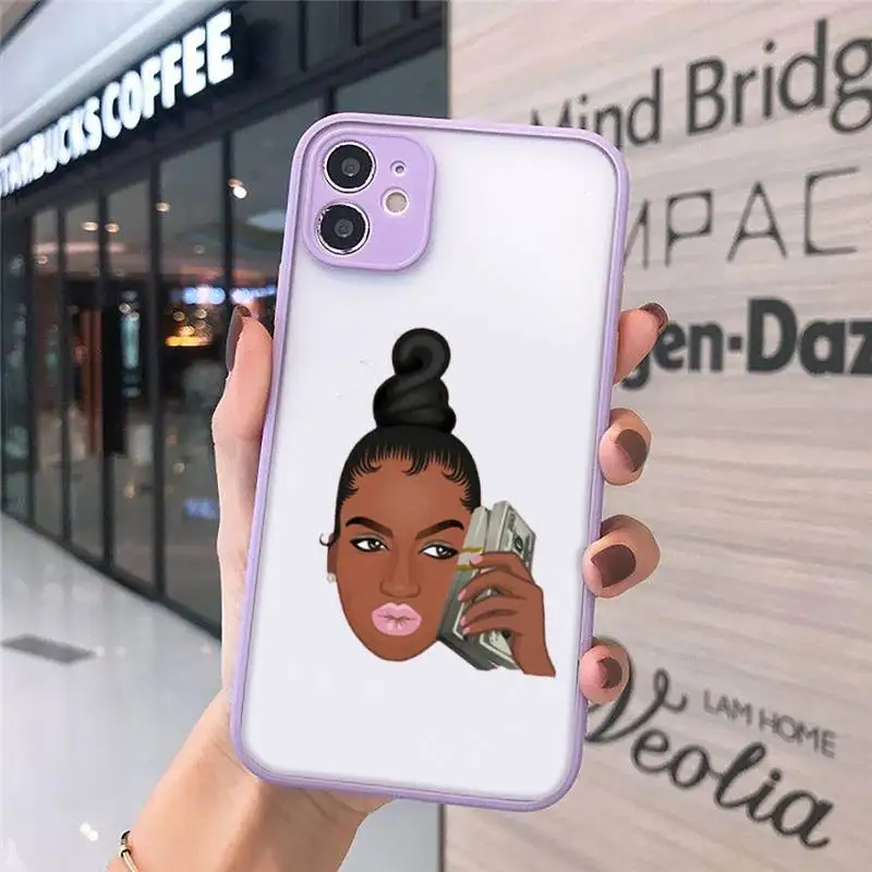 

black girl Phone Case For iPhone 12 11 Mini Pro XR XS Max 7 8 Plus X Matte transparent Purple Back Cover