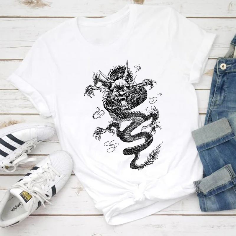 

Tradition Mighty Chinese Dragon Print T Shirt Women 2020 New Summer Casual Gray Tshirt Streetwear Harajuku Vintage Tops T-shirt
