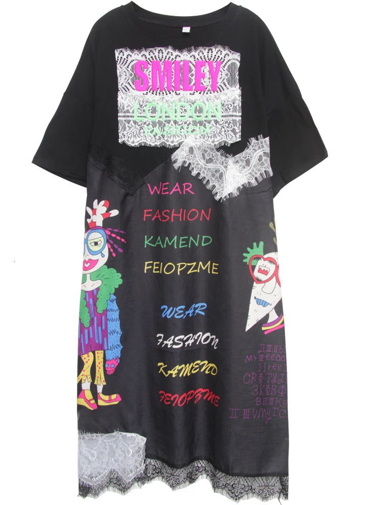 Short Sleeve QING MO женское черное платье с мультяшным принтом, женское летнее кружевное лоскутное платье с коротким рукавом, платье до середины икры ZQY1015 - Цвет: Short Sleeve
