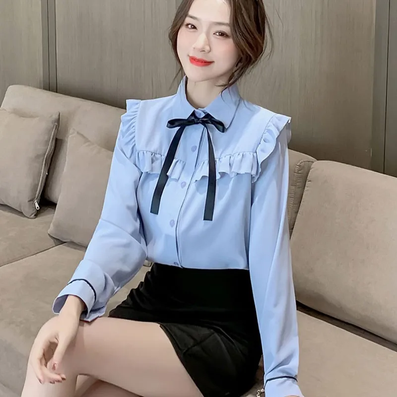 

Women Elegant Chiffon Shirts New Arrival 2021 Spring Korean Preppy Style Turn-down Collar Ruffles Ladies Long Sleeve Tops W136