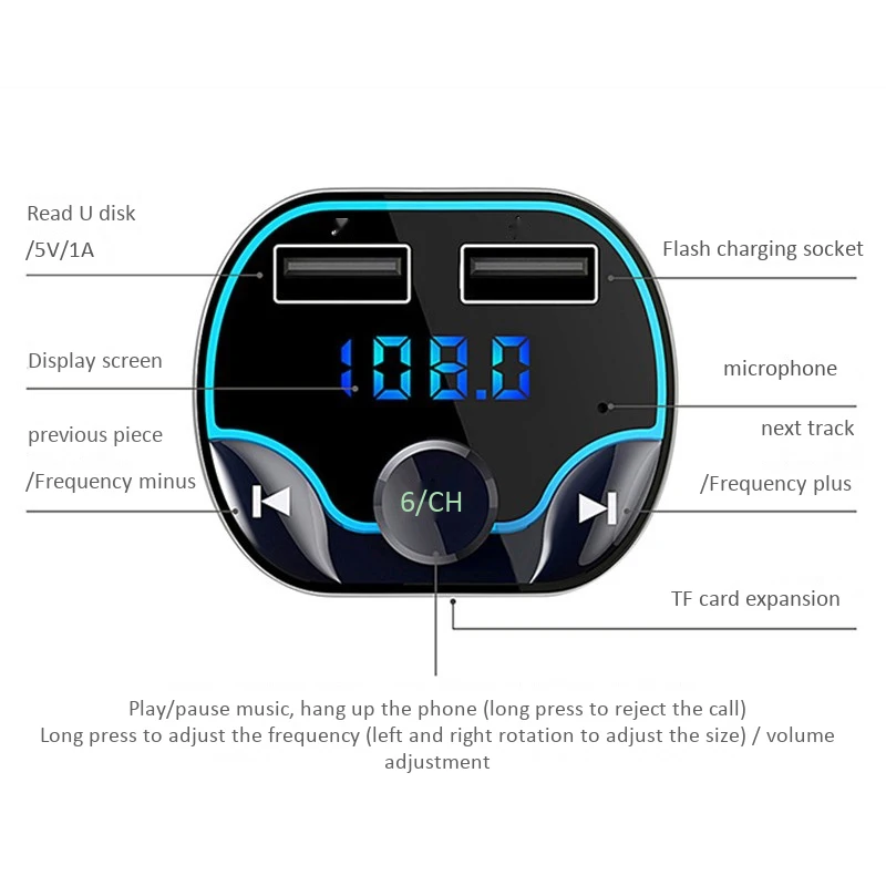 

T24 Car FM Transmitter Dual USB Fast Charger Voice Navigation Car Hands-Free Call Bluetooth MP3 Player