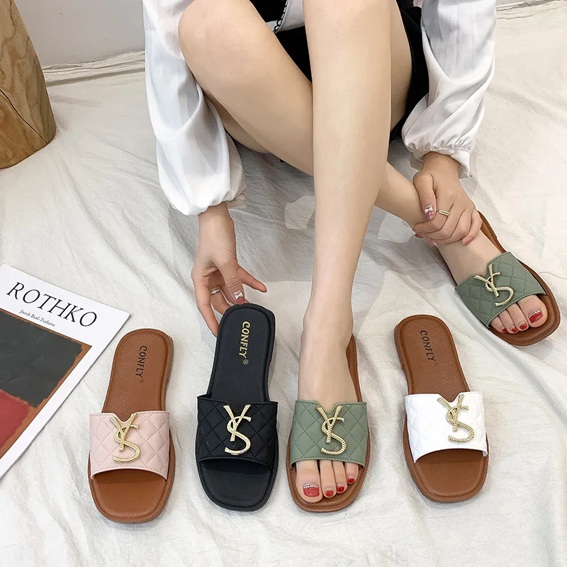 

Slippers Women Summer Luxury 2021 New Beach Sandals Flat Flops Casual Female Shoes Lazy H Woman Shoes