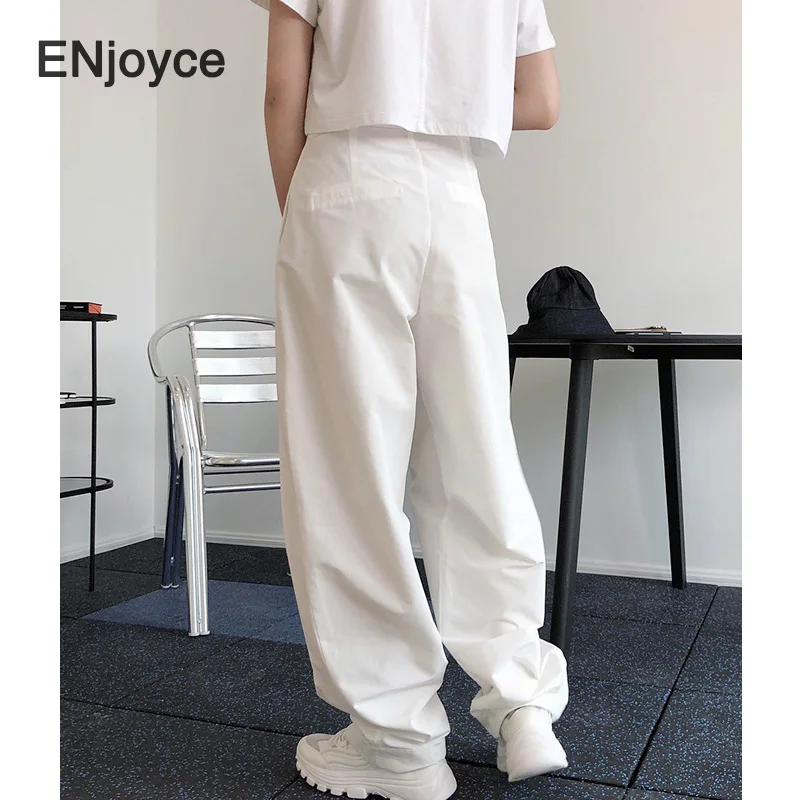 Korean Style Casual White High Waist Velcro Pants Women Loose Wide Leg Straight Trousers New Fashion Radish Pants Spring 2021