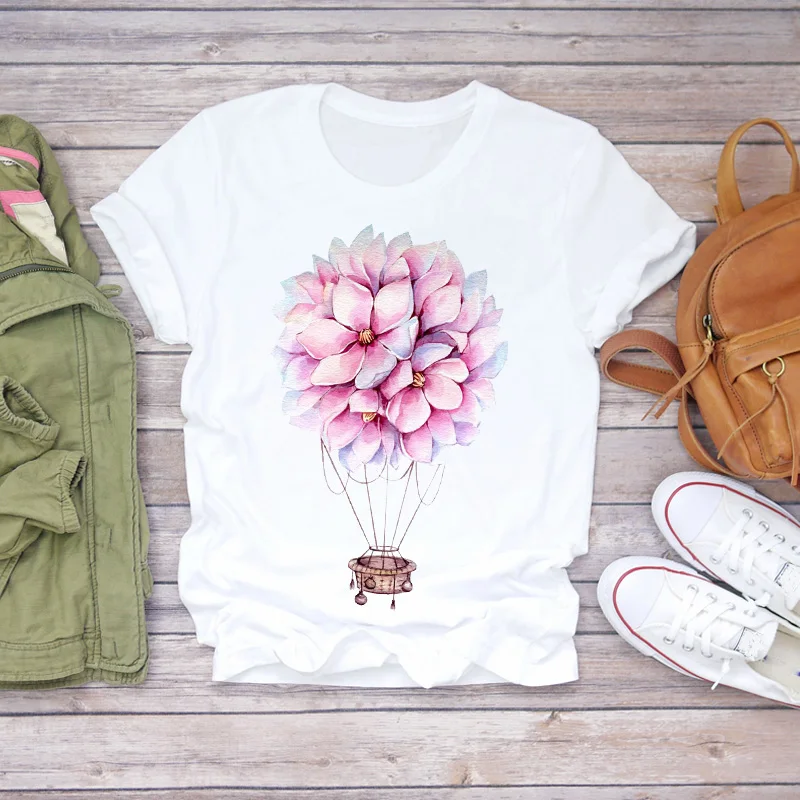 

Womens T-shirts Ladies Balloon Kawaii Casual Love Fashion Flower 90s Floral Women Print Ladies Top T Graphic Female Tee T-Shirt