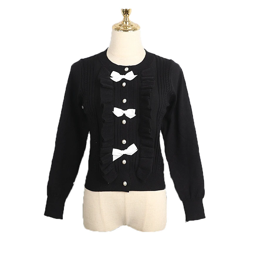 

Женский облегающий свитер с оборками, черный или белый вязаный базовый свитер с бантом, модная Свободная куртка с круглым вырезом, Осень-зим...