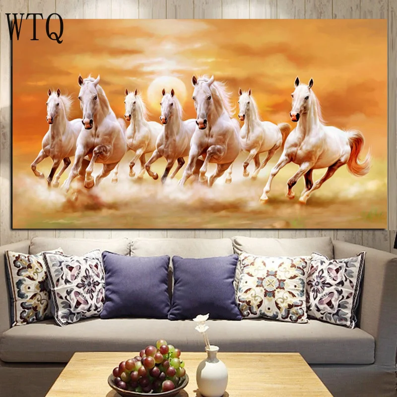 

Big size HD Print Artistic Animals Seven Running White Horse Oil Painting on Canvas Modern Wall Painting For Living Room Cuadros
